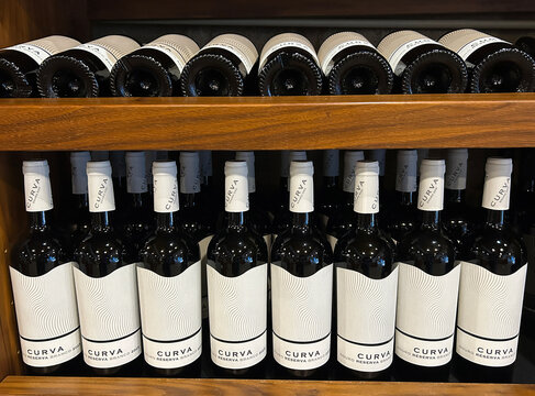 Bottles of wine on a store shelf. Close-up. Porto. Portugal.