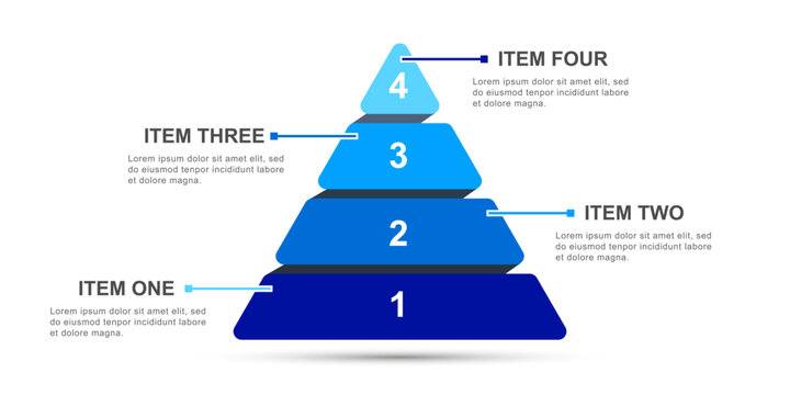 Pyramid infographic template diagram with four hierarchy steps, business process steps for stages visualization, presentation strategy and plan, marketing data chart - vector
