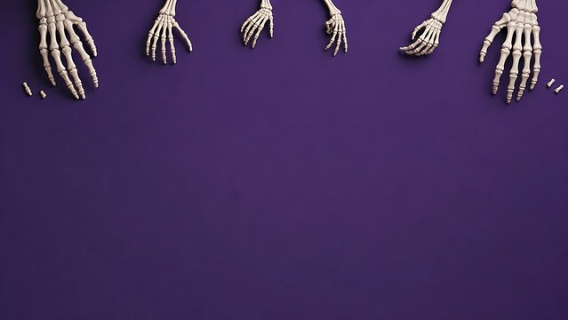 Multiple human skeleton hands reaching down from the top edge against a solid dark purple background for halloween seasonal design