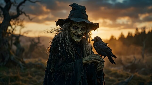 Witch holding a black crow at sunset