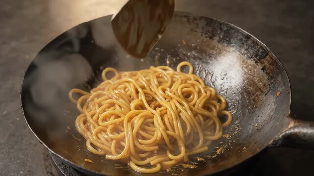 Stir-frying noodles in a hot wok with flames and steam, Asian cuisine preparation