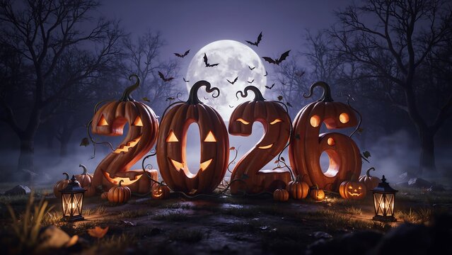 Spooky halloween themed 2026 sign made from carved pumpkin jackolanterns with glowing lights in a dark misty forest