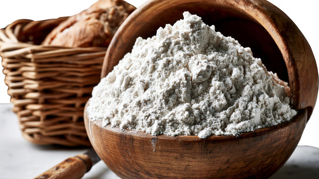 Wooden bowl filled with white flour next to a basket of bread rolls