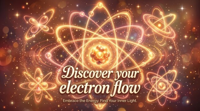 Abstract glowing atomic orbits and particles symbolizing discovery, energy, and inner light, with motivational text overlay