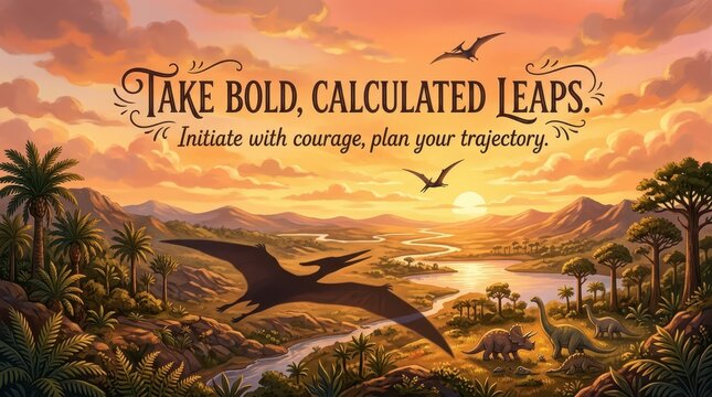 Ancient prehistoric landscape with dinosaurs, pterodactyls flying in a vibrant sunset sky with inspiring quote "Take Bold, Calculated Leaps."
