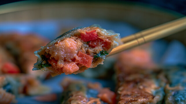 Delicious filled dumpling held by wooden chopsticks during meal with asian food