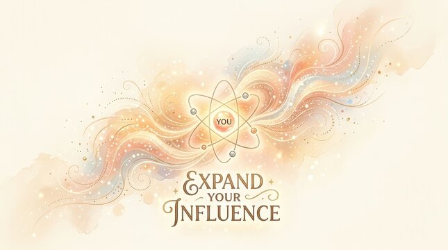 Abstract representation of expanding influence with atomic structure and colorful wisps, inspiring personal growth and interconnectedness