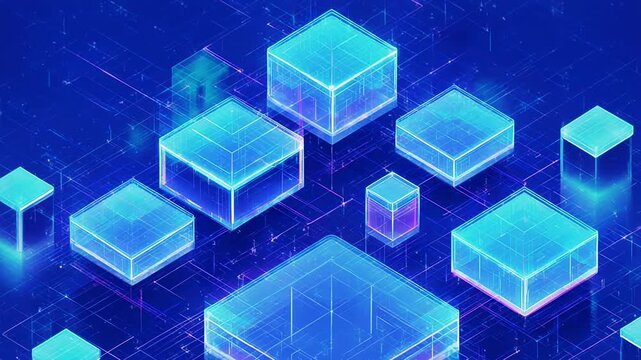 Glowing blue digital cubes arranged in a futuristic network with subtle camera movement during a dark blue background