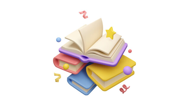 3D render of a colorful open book stack with celebratory party elements representing knowledge and creative learning in a 79 style