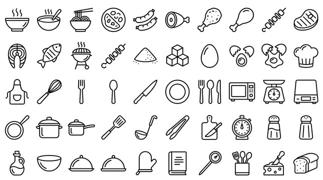 Food Cooking Linear Icon Set with Editable Stroke Symbols for Hot Bowls, Meat, Seafood, BBQ, Chef Accessories, Eggs, Kitchen Utensils, Appliances, and Ingredients