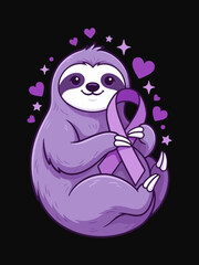 Naklejka premium Cute purple sloth hugging awareness ribbon with hearts and stars
