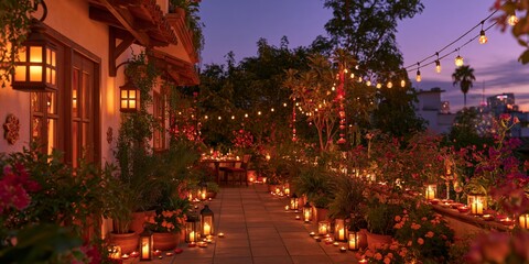 Fototapeta premium Residential patio at twilight illuminated by rows of glowing diyas and lanterns casting golden light across stone pathway flanked by potted plants vibrant flowers hanging string lights and wooden