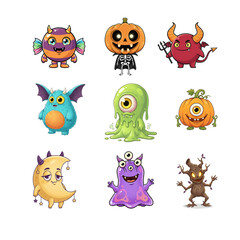 Obraz premium Set of cute Halloween monsters and spooky creatures