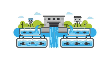 Naklejka premium Modern Aquaculture Fish Farm Illustration