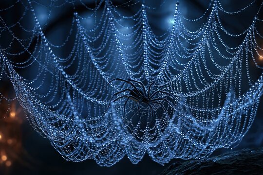 Spider on intricate web with morning dew drops in mystical blue forest