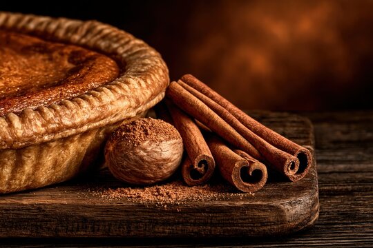 Pumpkin pie with cinnamon sticks and nutmeg spice cozy autumn dessert