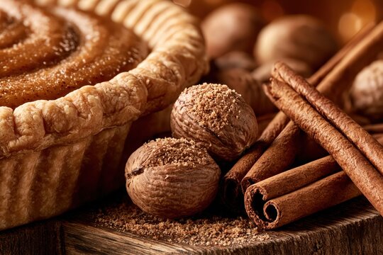 Pumpkin pie with cinnamon sticks and nutmeg cozy autumn food scene