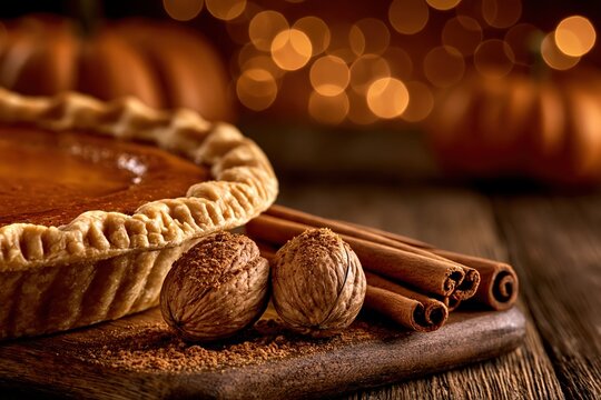 Pumpkin pie and cinnamon sticks autumn dessert with bokeh lights