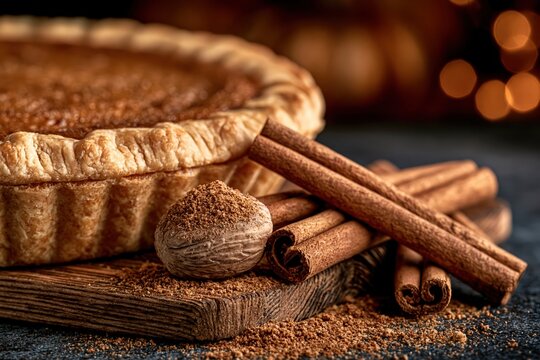 Pumpkin pie with cinnamon sticks and nutmeg spice for autumn holiday