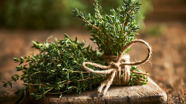 Fresh aromatic thyme herbs tied with twine on a rustic wooden board.