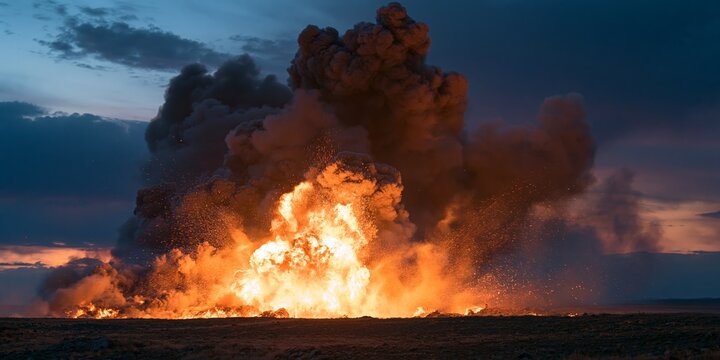 Fiery explosion erupting with vivid orange flames and billowing dark smoke against a twilight sky streaked with deep blue and purple hues ash and debris spiraling outward catching ambient light heat