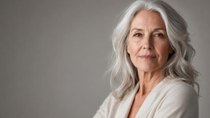 Fototapeta premium Senior female figure with long gray hair and confident expression wearing light sweater against neutral background
