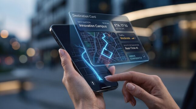 Smartphone navigation app with futuristic augmented reality