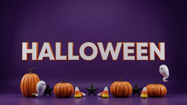 Halloween-themed 3 d-rendered pumpkins and gourds with text, autumnal colors, and spooky orange