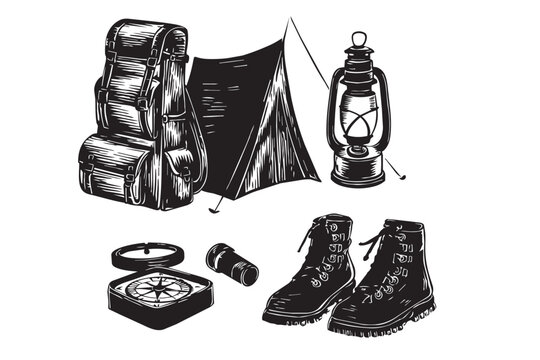 Hand drawn camping adventure equipment collection featuring tent backpack hiking boots compass and lantern elements for outdoor travel and exploration themes.