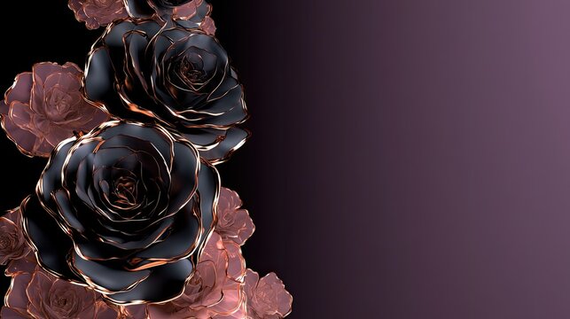Luxurious black and rose gold roses on a gradient purple background