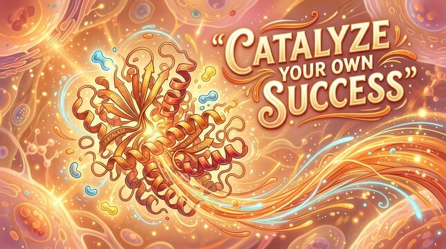 Abstract scientific illustration of protein molecule catalyzing success with glowing cellular background and motivational text