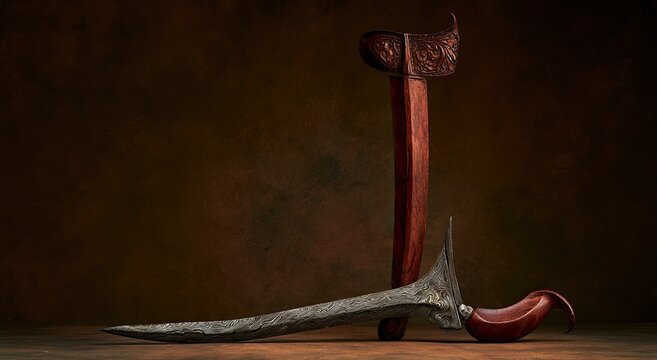 An ancient wavy metal dagger resting on a surface next to its wooden scabbard