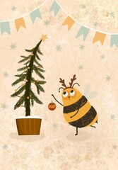 Fototapeta premium A New Year's card featuring a bee decorating a Christmas tree 