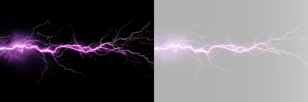 Electric purple lightning with glowing plasma stream, bright voltage sparks, branching energy lines, powerful current and dynamic thunder effect