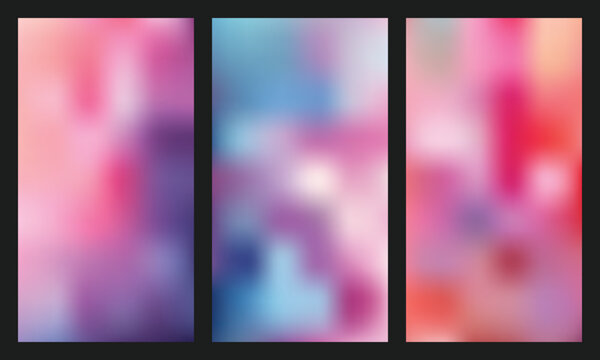 Abstract blurred gradients in pink blue and red modern triptych background