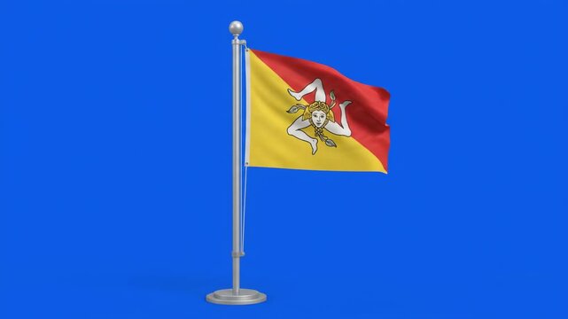 Waving flag of Sicily on a metal flagpole against a solid blue background, representing Italian regional pride and identity.
