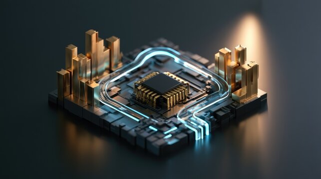 A gold processor sits atop a dark digital grid surrounded by glowing blue lines