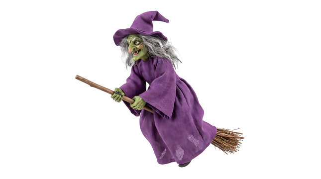 Flying Witch Riding Broomstick Isolated on Transparent Background