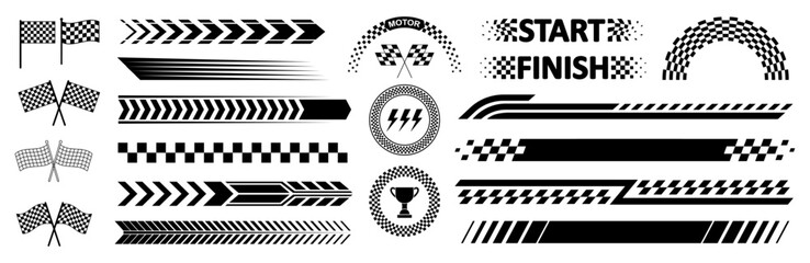 Naklejka premium Racing cars and race car stripes set, dynamic lines, tuning stickers, angled checkered patterns, checkered flag, racing stripe speed, sport decals, start and finish line