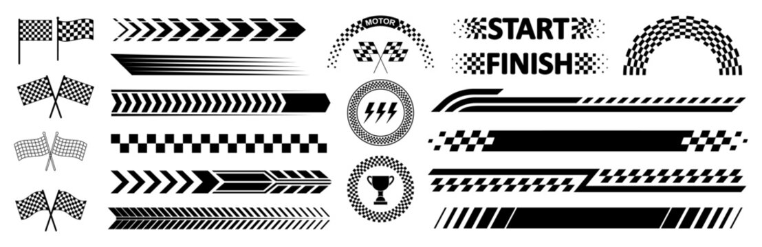 Racing cars and race car stripes set, dynamic lines, tuning stickers, angled checkered patterns, checkered flag, racing stripe speed, sport decals, start and finish line