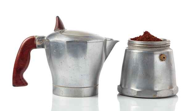 A classic Italian aluminium moka pot isolated on a white background.