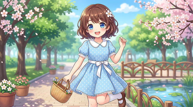 Young girl in blue dress holding basket in spring garden.