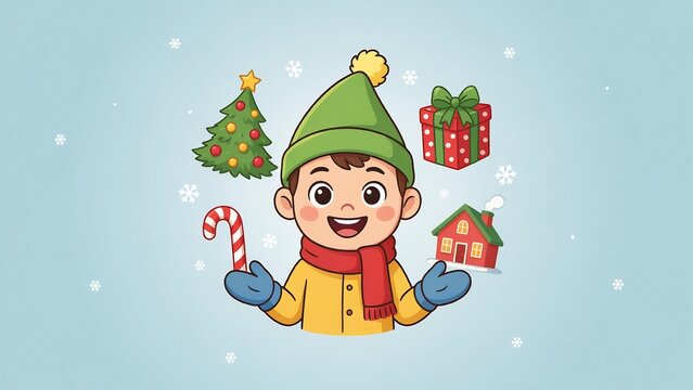 Happy little boy wearing a winter hat and scarf holding christmas decorations with falling snowflakes