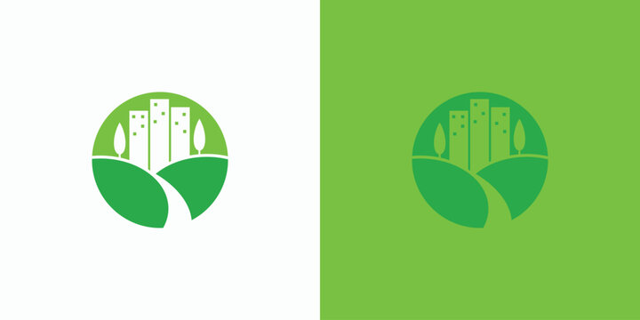 Green city landscape logo with buildings and trees.