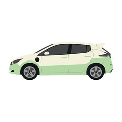 Fototapeta premium Green and White Compact Hybrid Car Side View Isolated on White Background