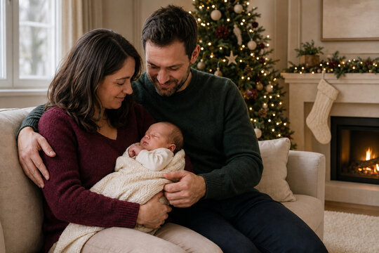 New parents celebrating their baby&rsquo;s first Christmas at home