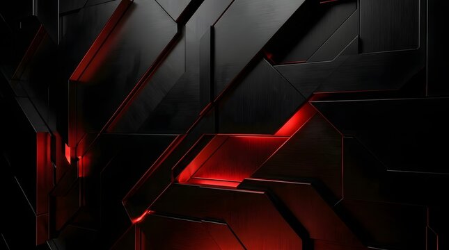 Abstract dark background, with 3 d, geometric panels, layered, metallic plates, and, glowing red light, accents in the, crevices and edges