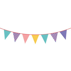 Obraz premium Colorful triangular bunting flags hanging on a thin red string for party decorations and festive celebrations isolated on a transparent background
