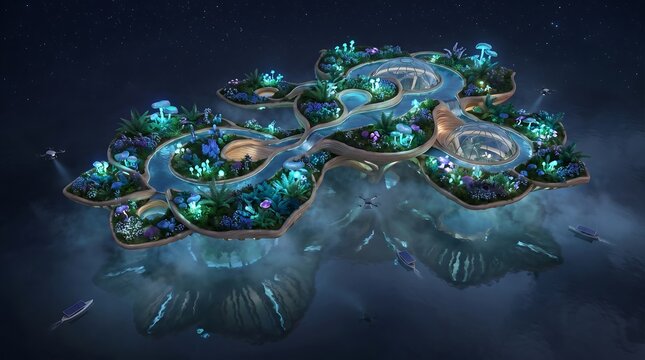 A fantastical floating island at night, shaped like a whimsical organism, illuminated with glowing mushrooms, bioluminescent flora, and futuristic drones.