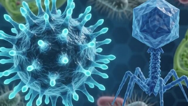 Microscopic view of various biological cells including red blood cells and bacteria floating in a blue hexagonal patterned fluid environment